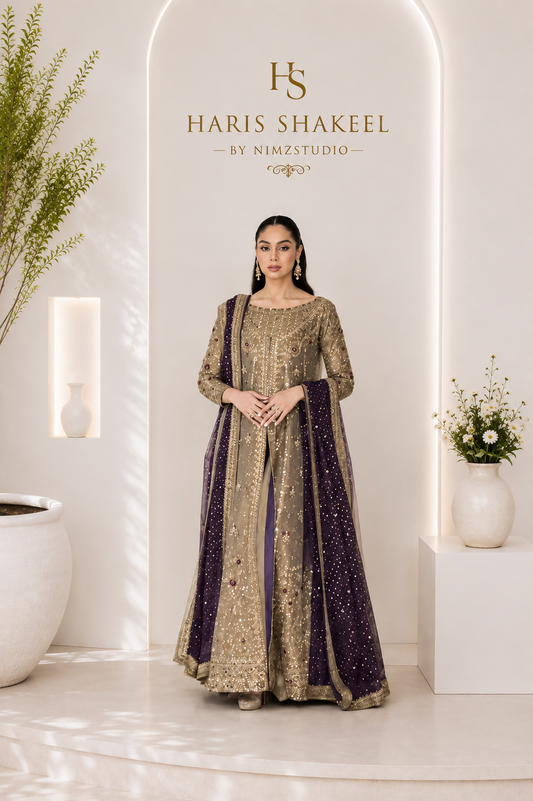 Haris Shakeel Aroha Pakistani designer dress with luxury embroidery and purple dupatta for wedding and party wear