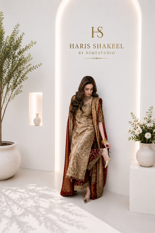 Luxury Pakistani partywear dress by Haris Shakeel featuring MEERUB designer inspired embroidery for weddings, engagements and Eid celebrations