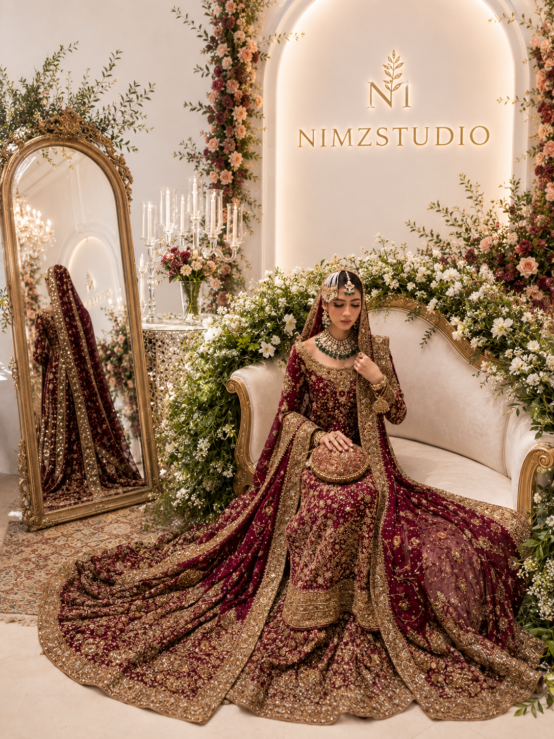 Haris Shakeel luxury maroon bridal maxi with heavy hand embellishments, premium Pakistani designer inspired wedding dress available at Nimz Collection.