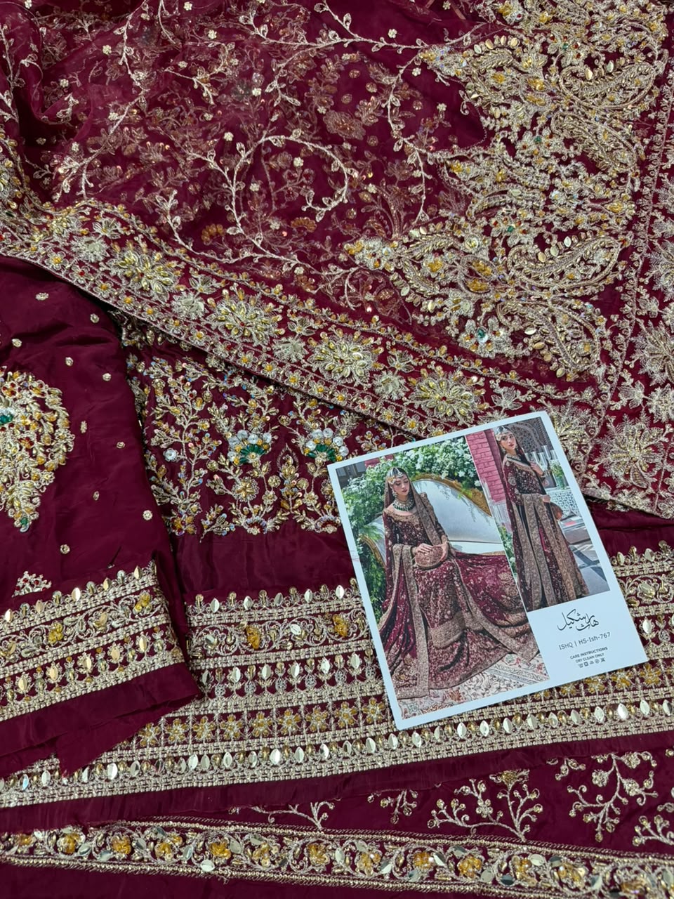 Complete Haris Shakeel maroon designer inspired bridal sharara showcasing the embroidered shirt, luxury dupatta, handcrafted sharara and premium embellishments for Pakistani wedding wear by Nimz Collection.