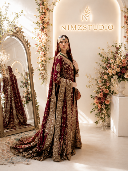 Full view of Haris Shakeel maroon designer inspired bridal Sharara featuring intricate embroidery and luxury Pakistani wedding wear.