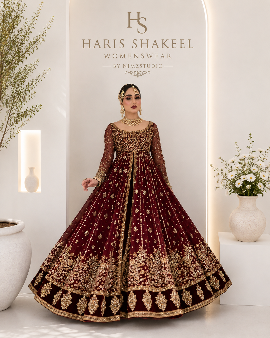 Haris Shakeel luxury embroidered maroon maxi Pakistani wedding wear , partywear indian lehnga choli maxi option