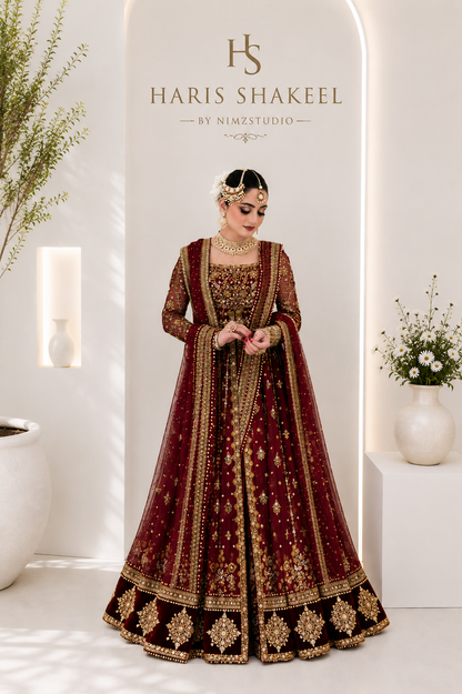 Haris Shakeel maroon Pakistani designer dress with luxury embroidery