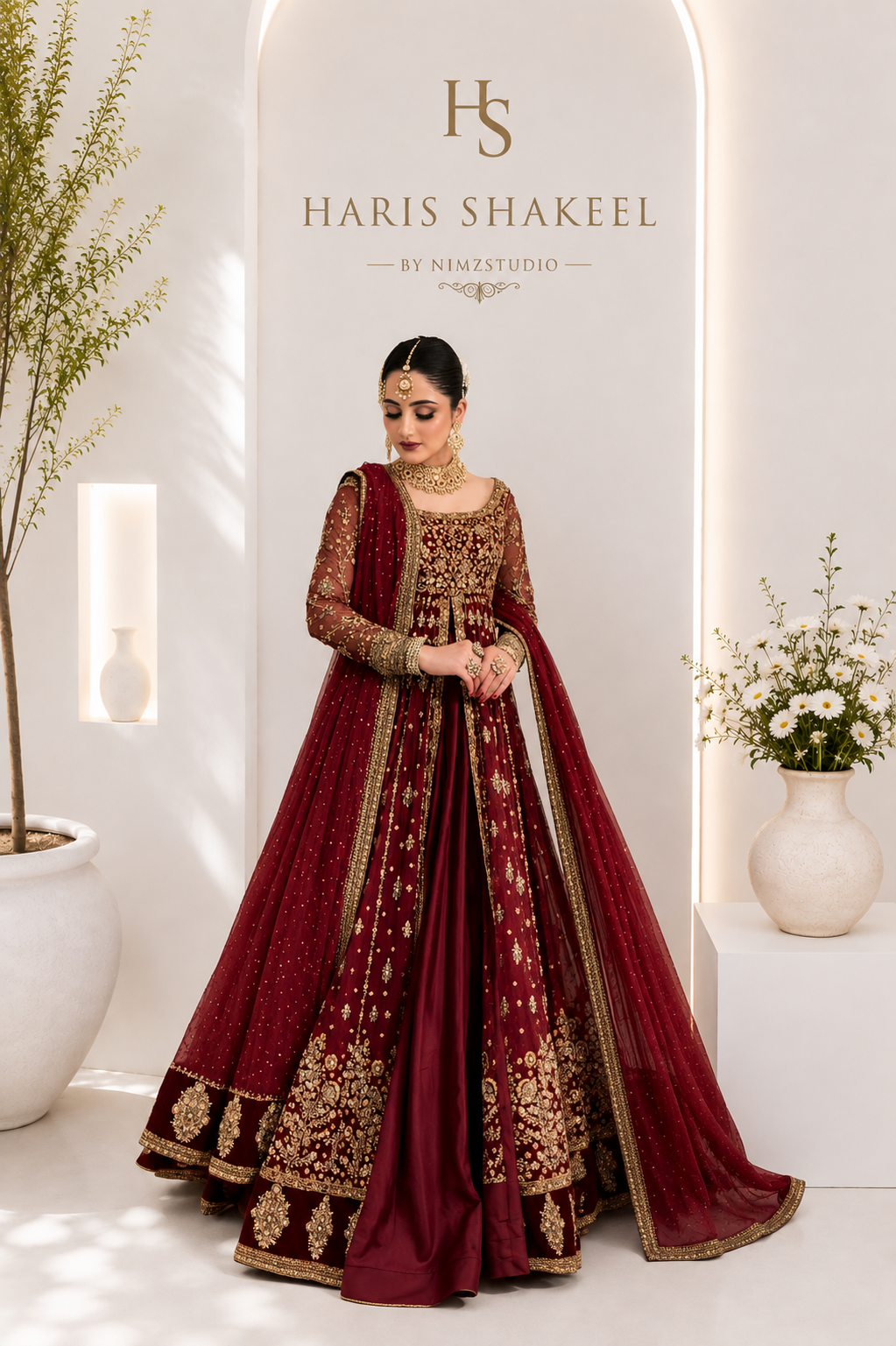 Haris Shakeel maroon wedding wear dress with kora dabka handwork Indian lehnga Choli 