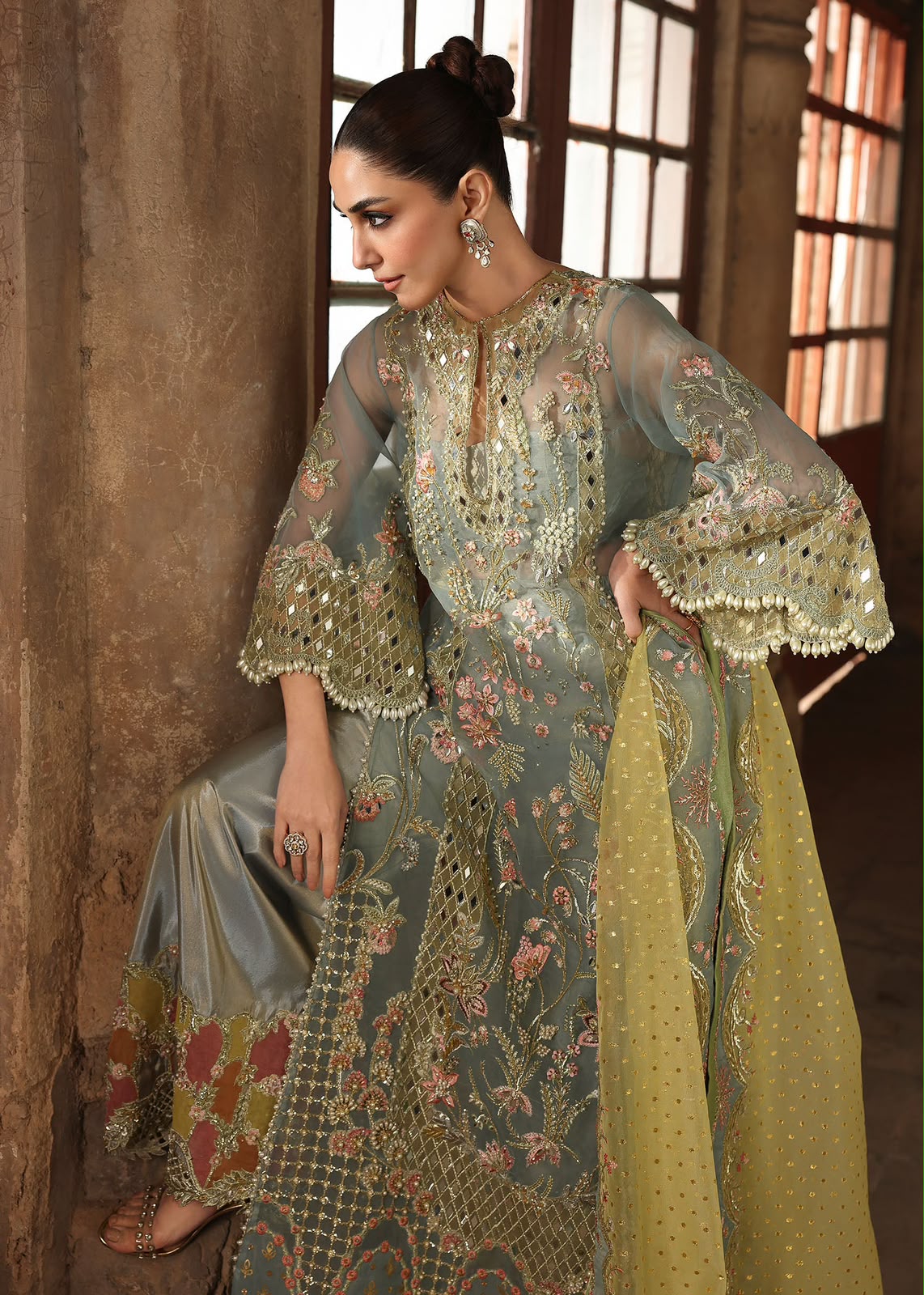 Jhalak Pakistani designer wedding dress with embellished sage grey formal look