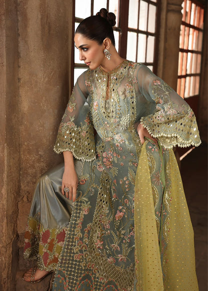 Jhalak Pakistani designer wedding dress with embellished sage grey formal look