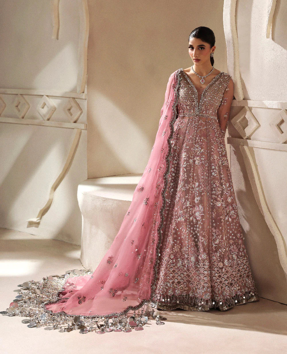 Juliane dusty peach Pakistani designer organza pishwas with pink dupatta