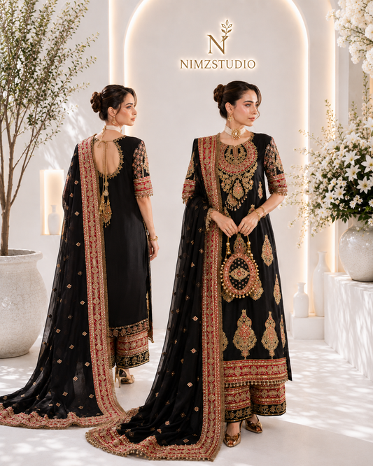 Lunara by Sara Zara black Pakistani designer partywear dress with gold pink embroidery, luxury dupatta and front back view