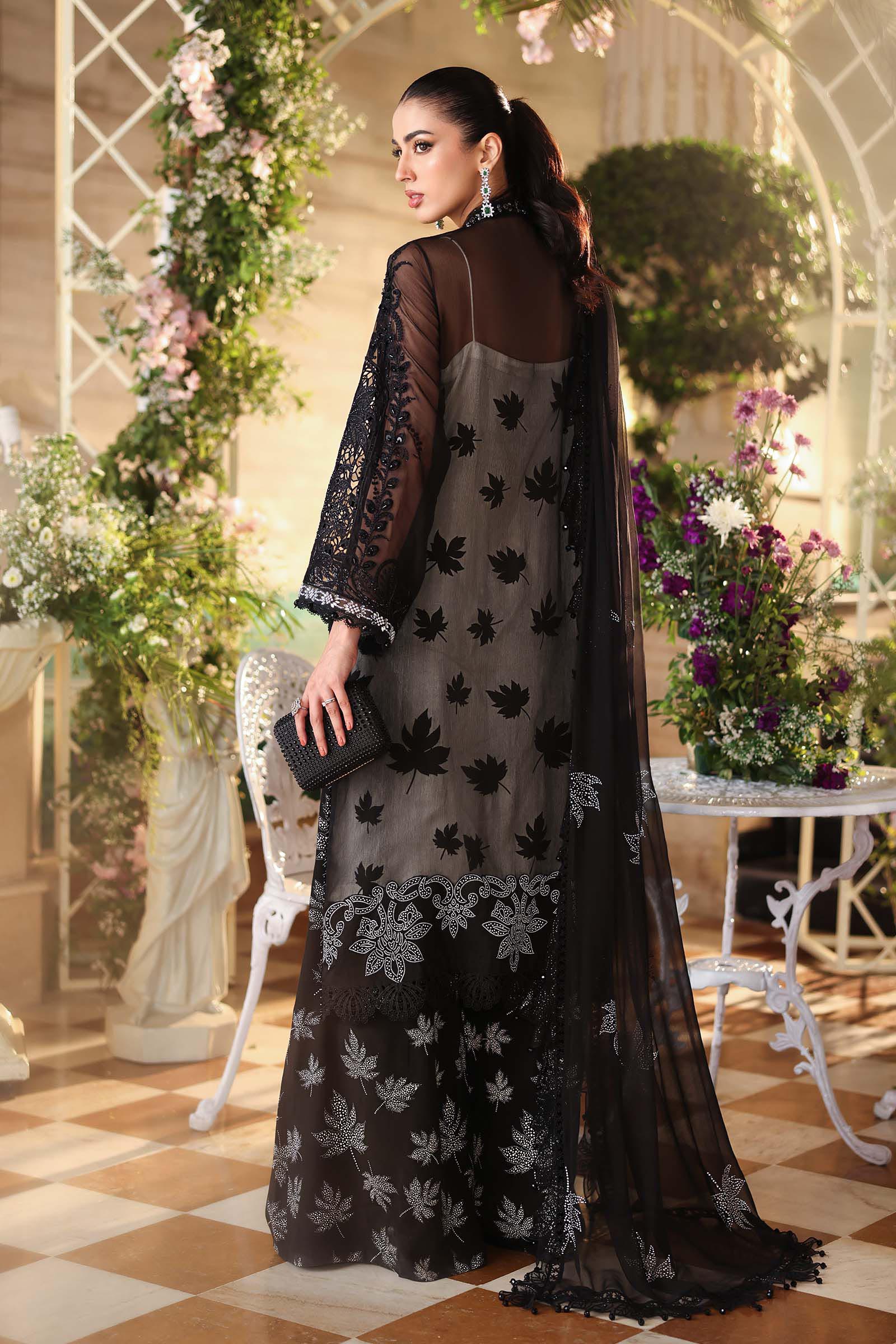 Maria B black chiffon dress with embroidered panels and elegant raw silk border detailing