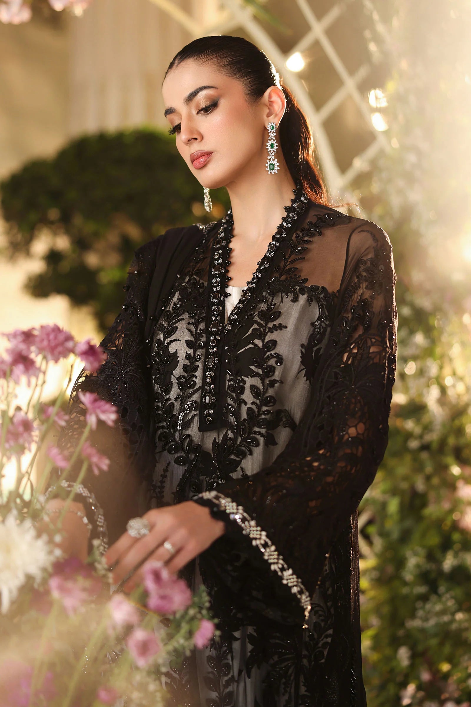 Maria B black chiffon formal dress with hand embellishment for Pakistani wedding and party wear