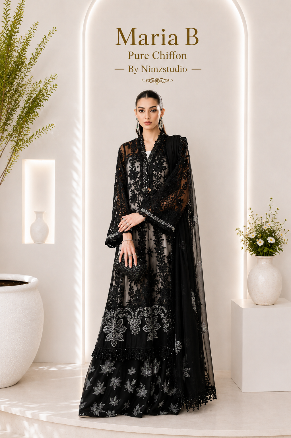 Maria B black chiffon Pakistani dress with hand embellished embroidery and diamante details