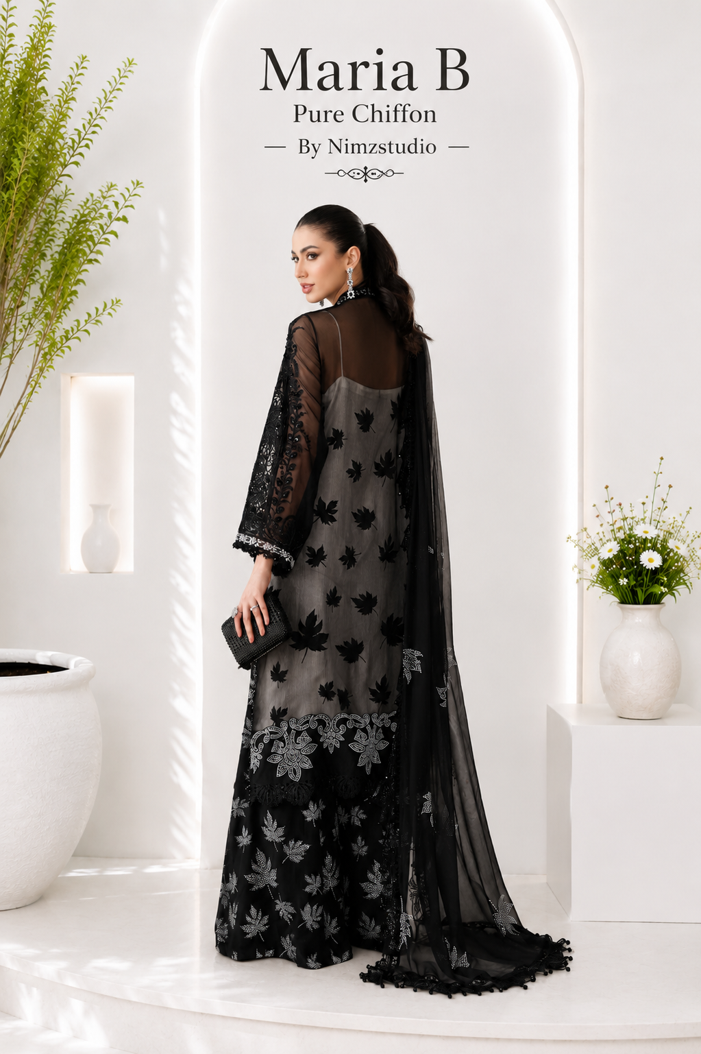 Maria B black embroidered chiffon suit with luxury hand embellishment and organza detailing