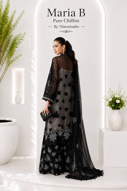 Maria B black embroidered chiffon suit with luxury hand embellishment and organza detailing