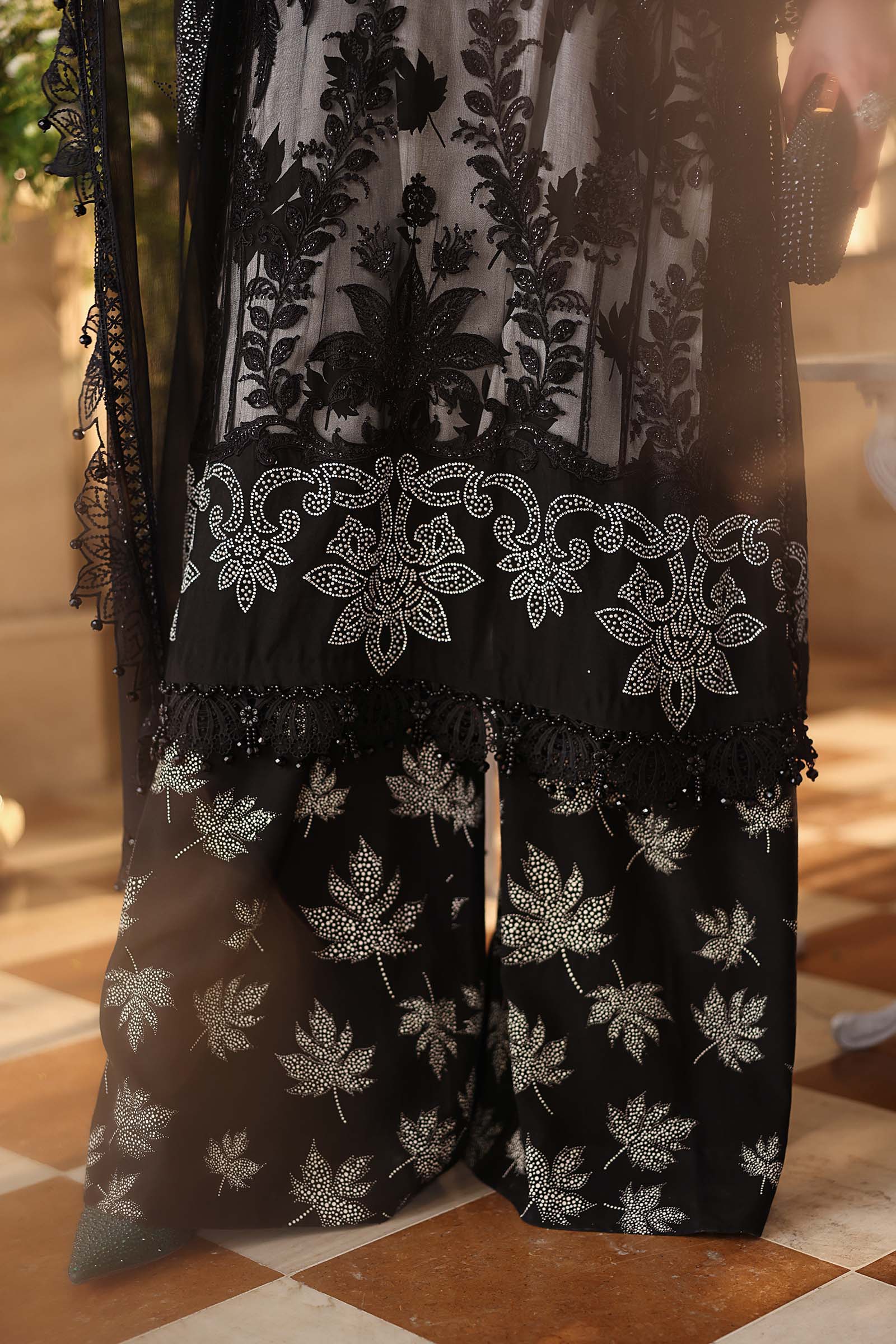 Maria B black chiffon suit Printed Trouser rawsilk fabric