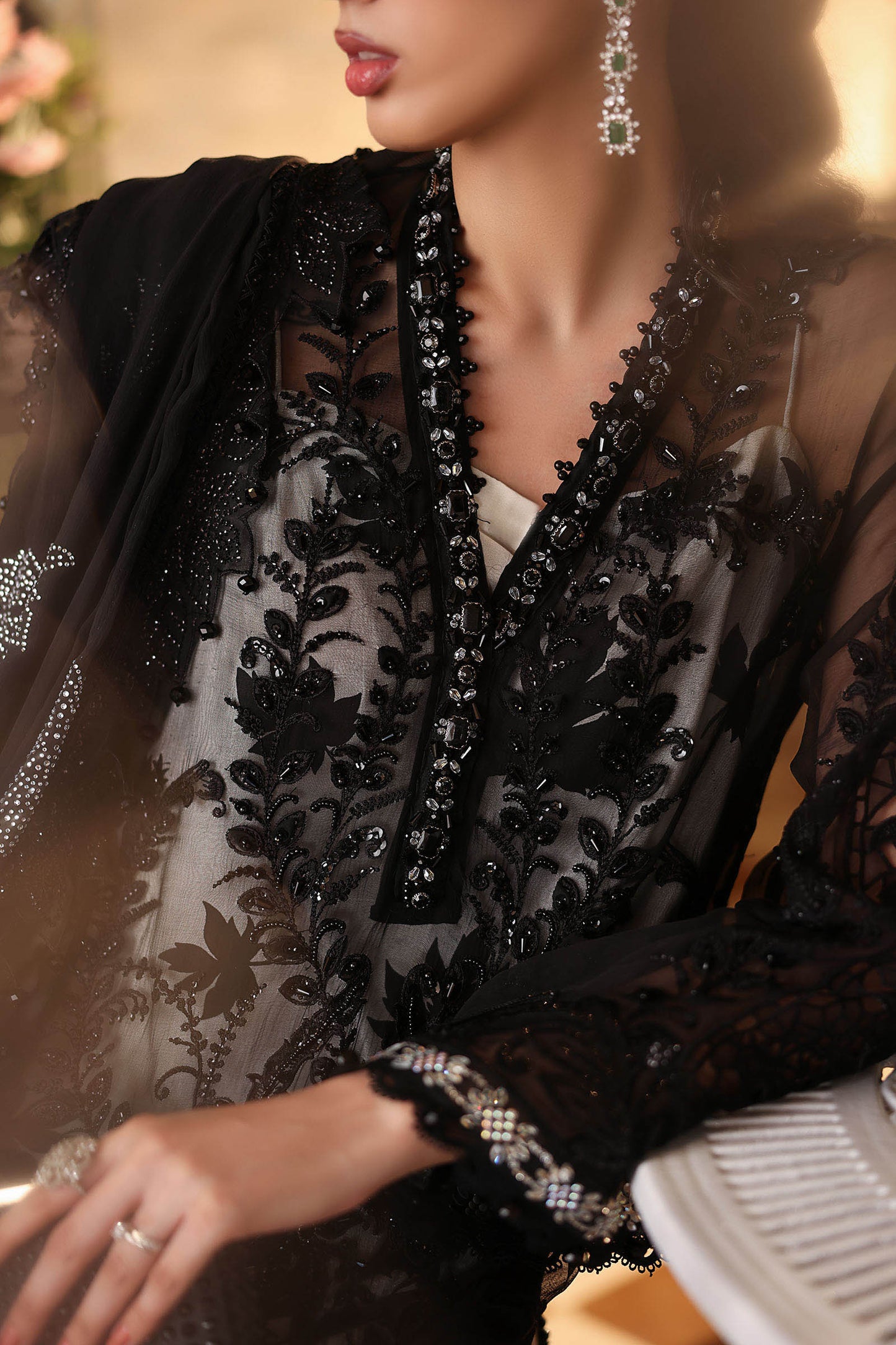 Maria B black chiffon suit with hand embellished neckline and embroidered organza details