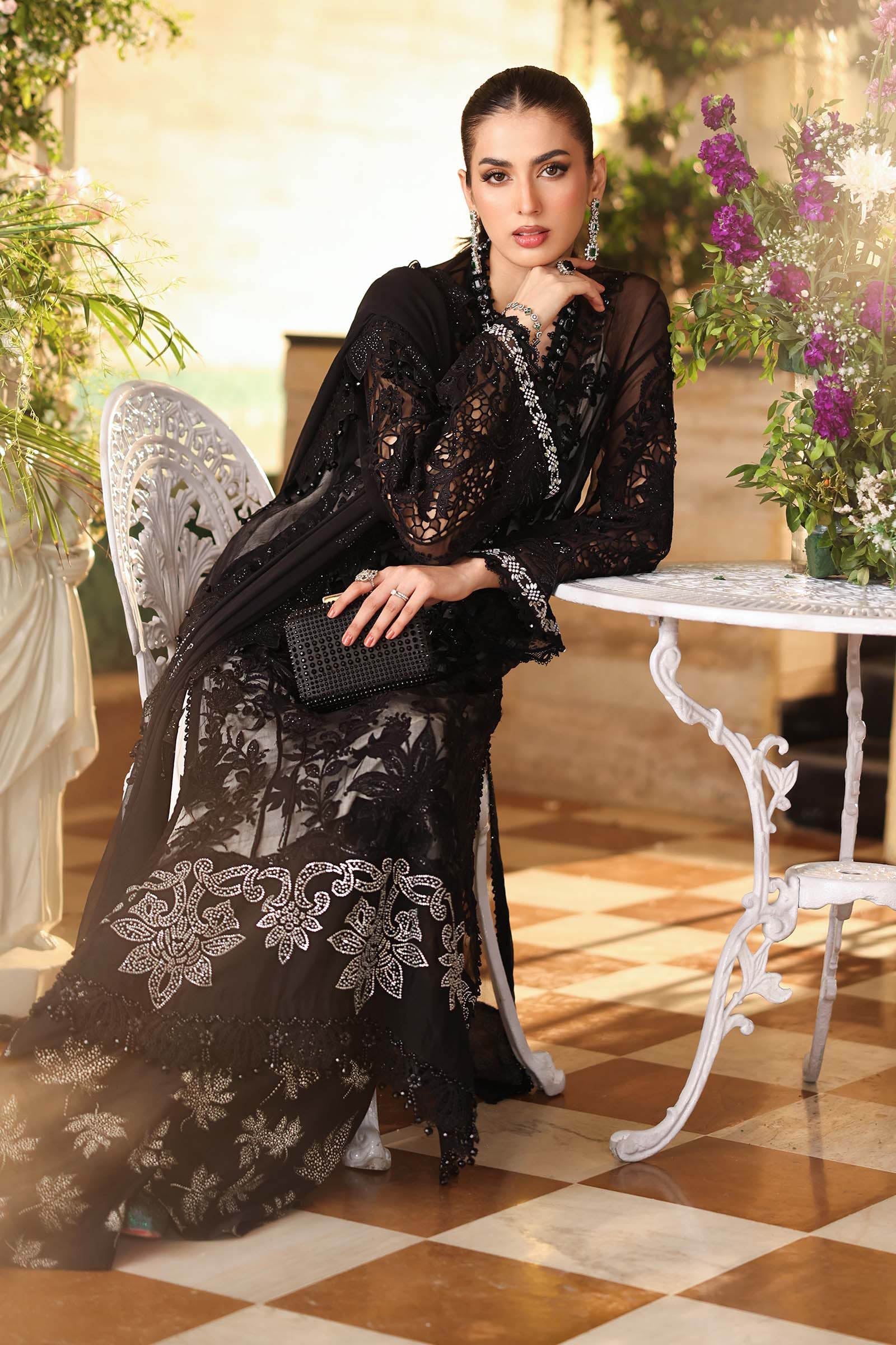 Black Maria B Pakistani party wear suit with chiffon dupatta and luxury embroidered detailing
