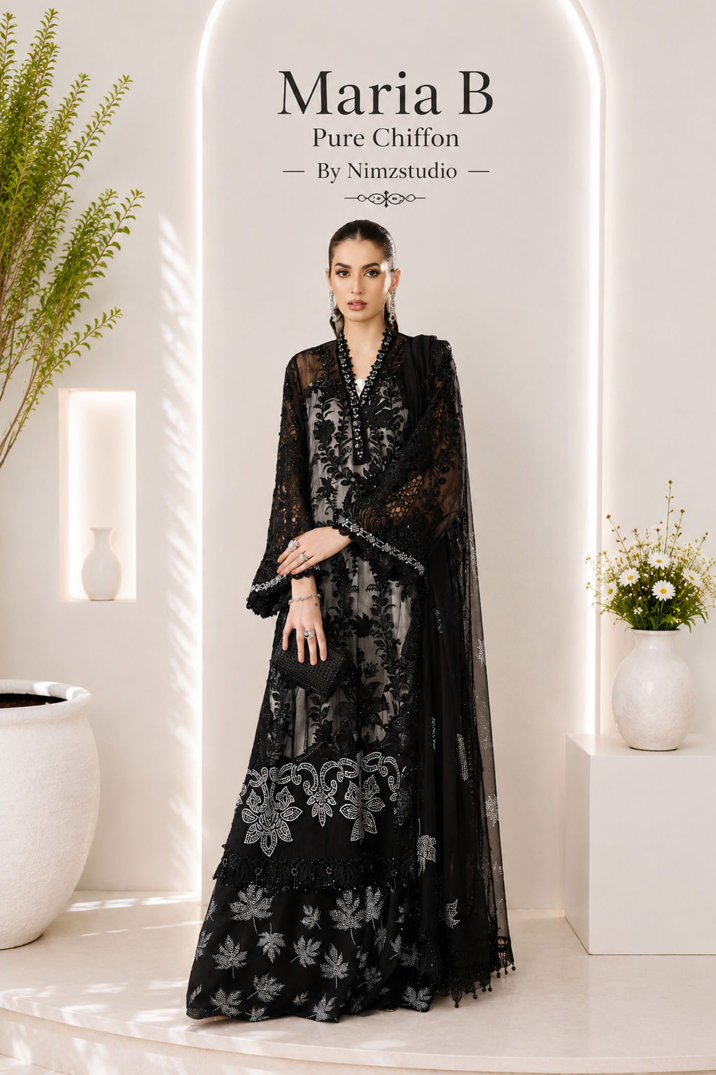 Black Maria B Pakistani wedding dress with embroidered chiffon shirt and matching dupatta