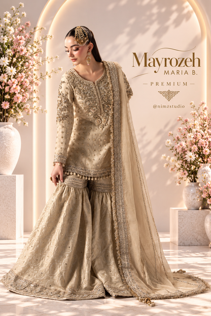 Mayrozeh Maria B ivory gold Pakistani wedding suit with Jamawar sharara and Zari Net dupatta