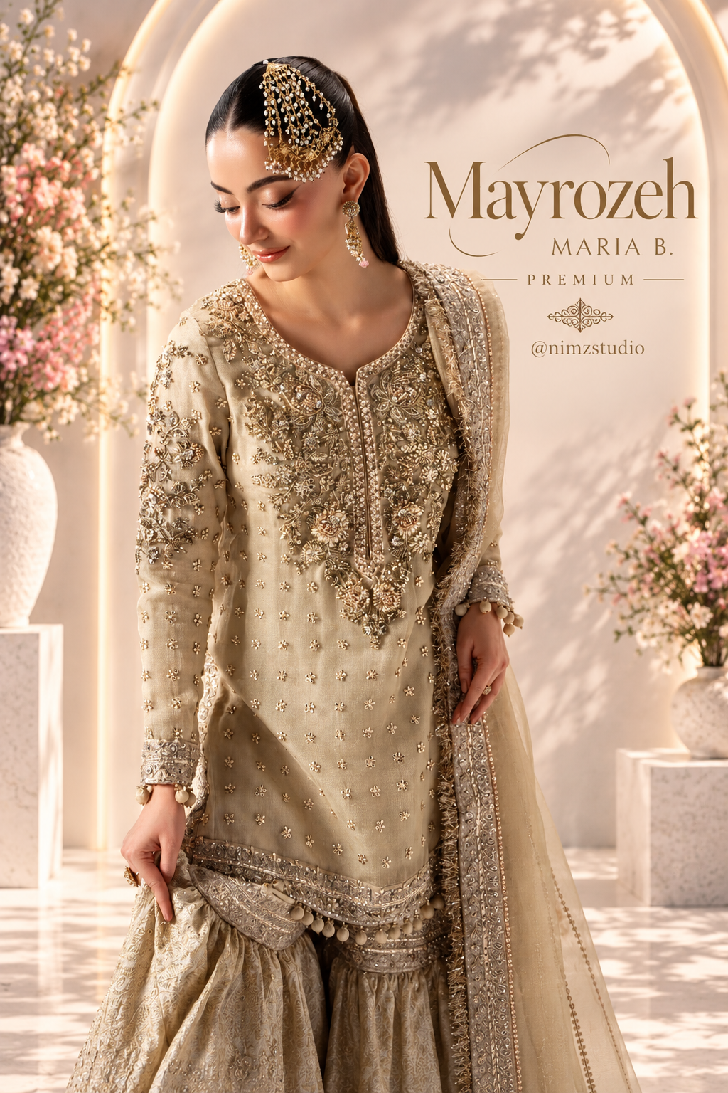 Mayrozeh by Maria B luxury Pakistani party wear with embellished Zari Net shirt and dupatta