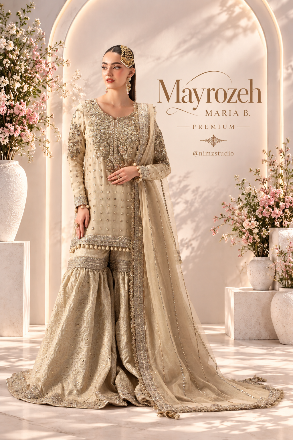 Mayrozeh by Maria B Premium ivory gold Pakistani wedding dress with Jamawar sharara