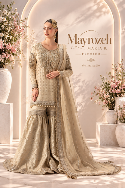 Mayrozeh by Maria B Premium ivory gold Pakistani wedding dress with Jamawar sharara