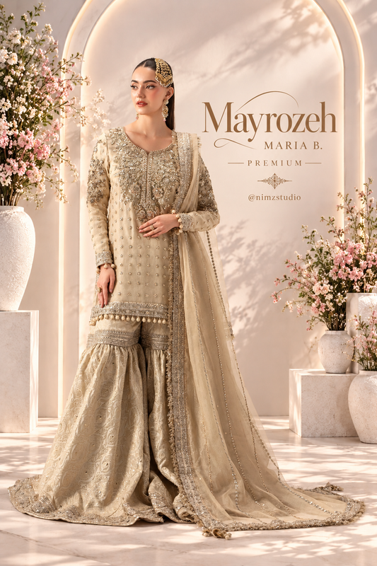 Mayrozeh by Maria B Premium ivory gold Pakistani wedding dress with Jamawar sharara