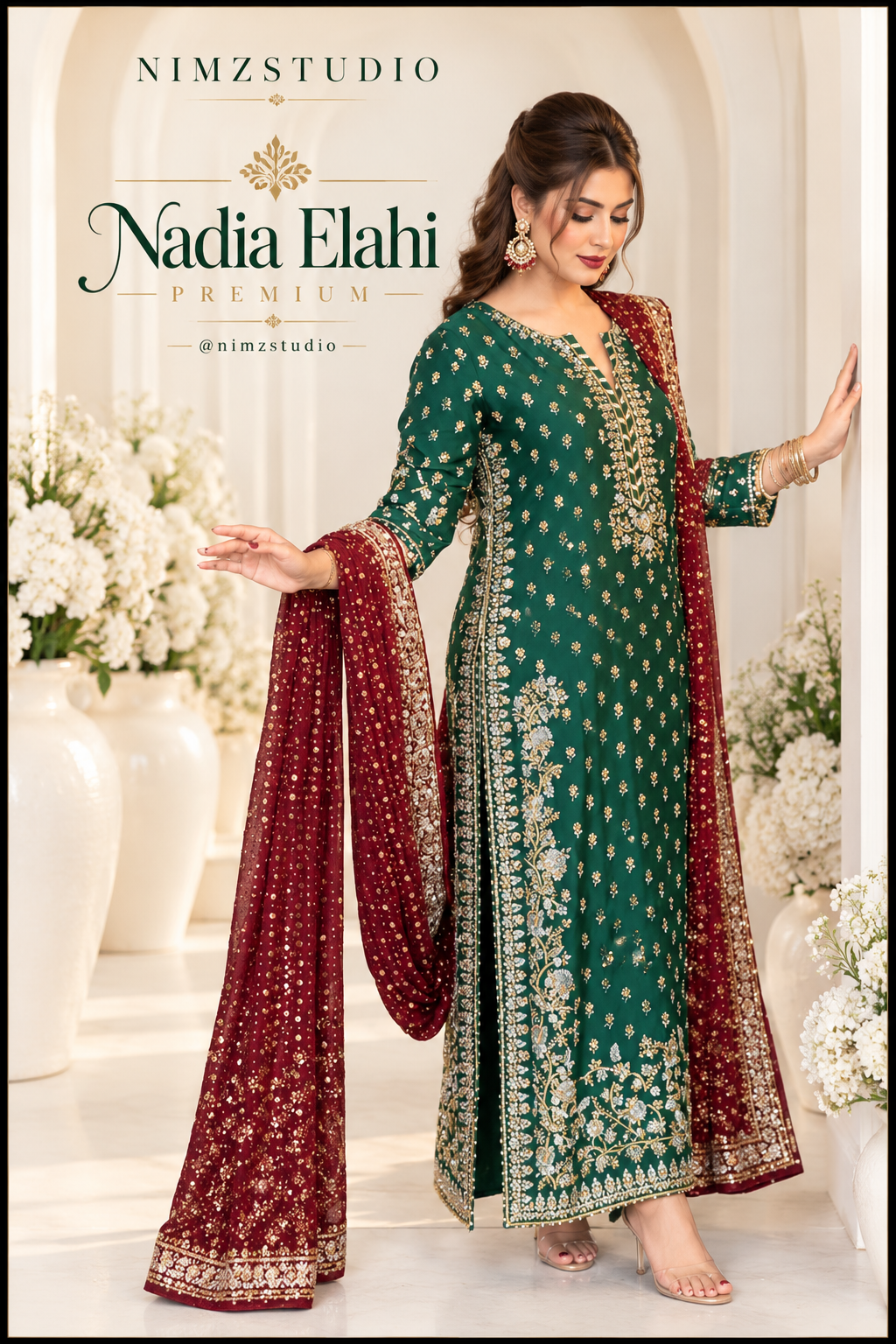 Close-up of Nadia Elahi emerald green formal shirt showing intricate gold-toned neckline embroidery and decorative motifs