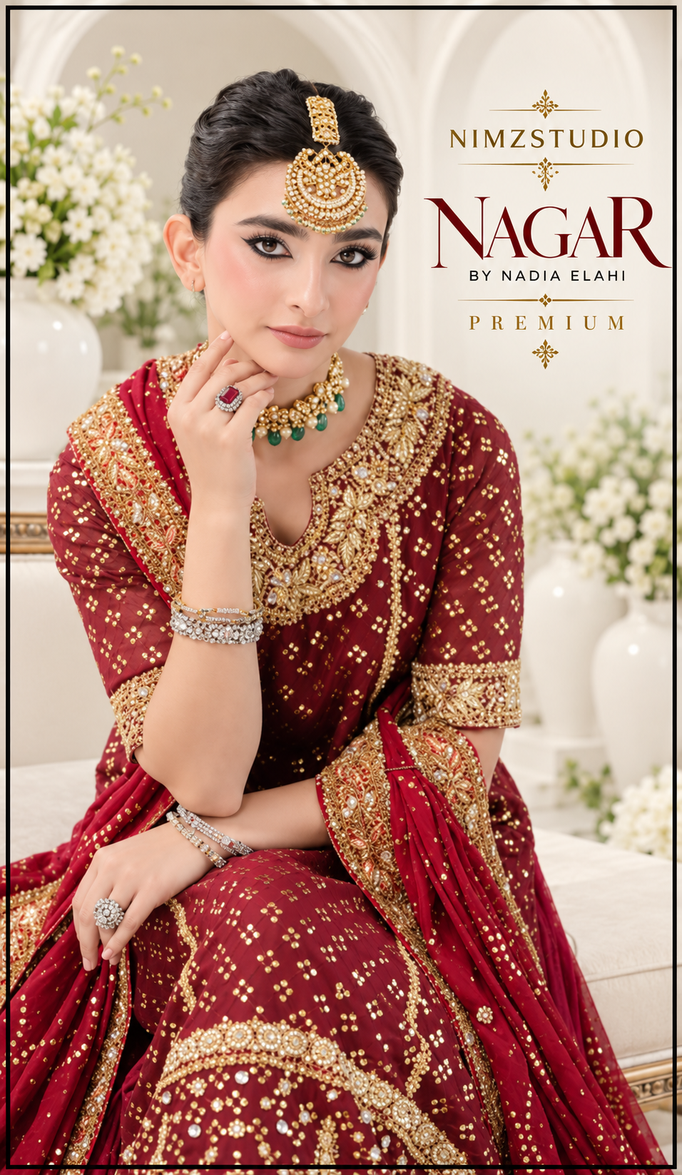 Crushed trouser paired with Nagar by Nadia Elahi premium pure organza three-piece Pakistani formal suit