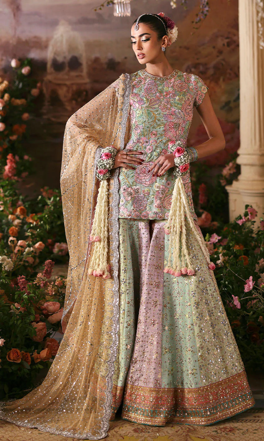 Rosebud by Nomi Ansari Pakistani luxury formal dress with intricate embroidery and embellished dupatta