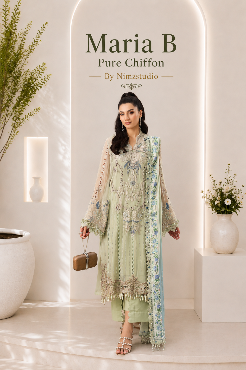 Pakistani designer apple green party wear dress with embroidered chiffon dupatta