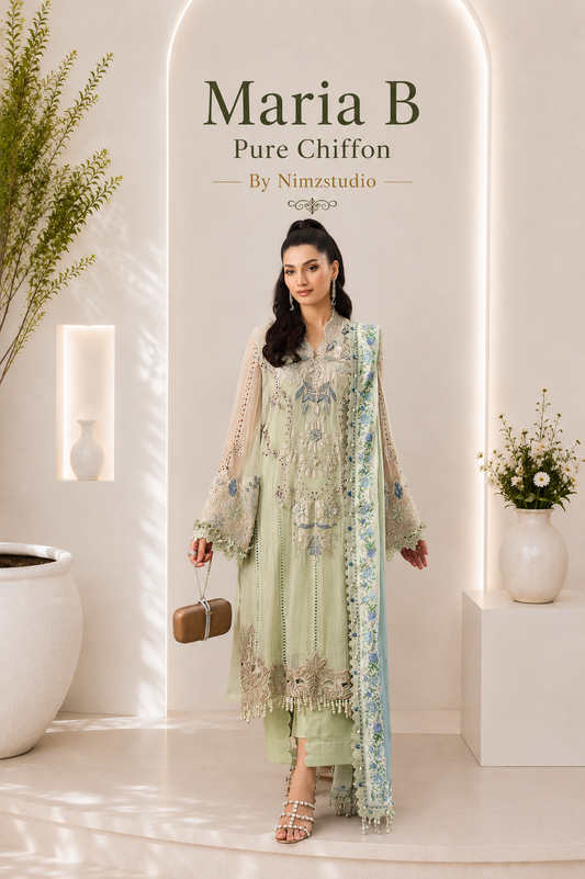 Pakistani designer apple green party wear dress with embroidered chiffon dupatta