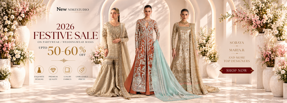 Luxury Pakistani wedding dresses and partywear 2026 featuring Soraya and Maria B designer outfits at Nimzcollection festive sale.