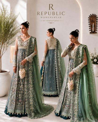 Miraelie luxury Pakistani partywear collection featuring embroidered net dresses and emerald green lehenga with designer inspired formal wear