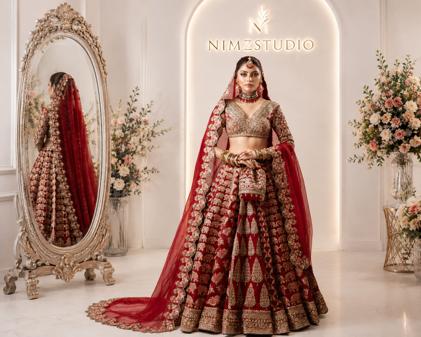 Raaqs Hussain Rehar Inspired red organza bridal maxi front view with premium hand embellished embroidery and pure organza cutwork dupatta