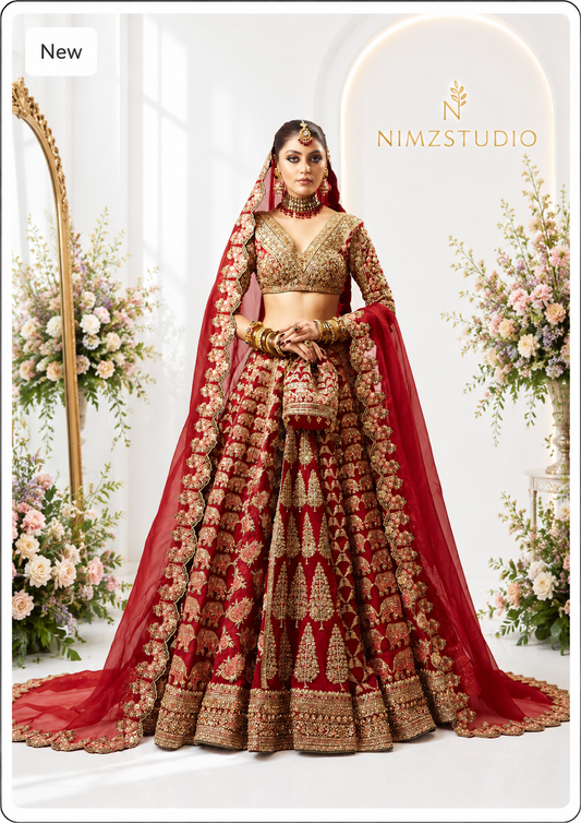 Raaqs by Hussain Rehar Inspired luxury red bridal maxi featuring premium hand embellishments, embroidered organza fabric, and elegant cutwork dupatta for Pakistani wedding wear