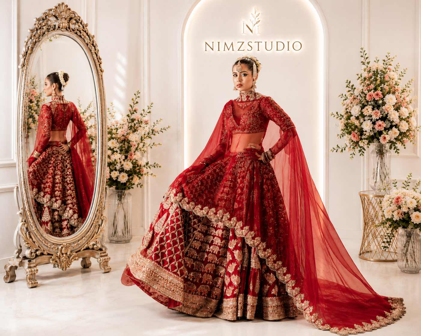 Full length Raaqs Hussain Rehar Inspired luxury Pakistani wedding maxi with embroidered organza dupatta