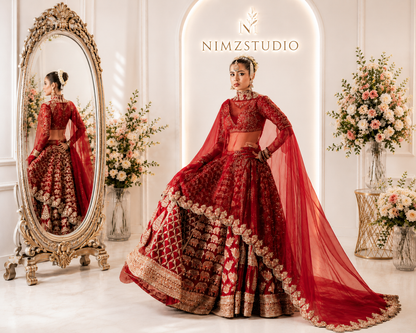 Full length Raaqs Hussain Rehar Inspired luxury Pakistani wedding maxi with embroidered organza dupatta