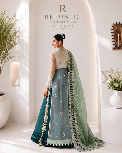 Miraelie Pakistani designer inspired wedding dress with embroidered net shirt, emerald green lehenga and sage organza dupatta for wedding and party wear
