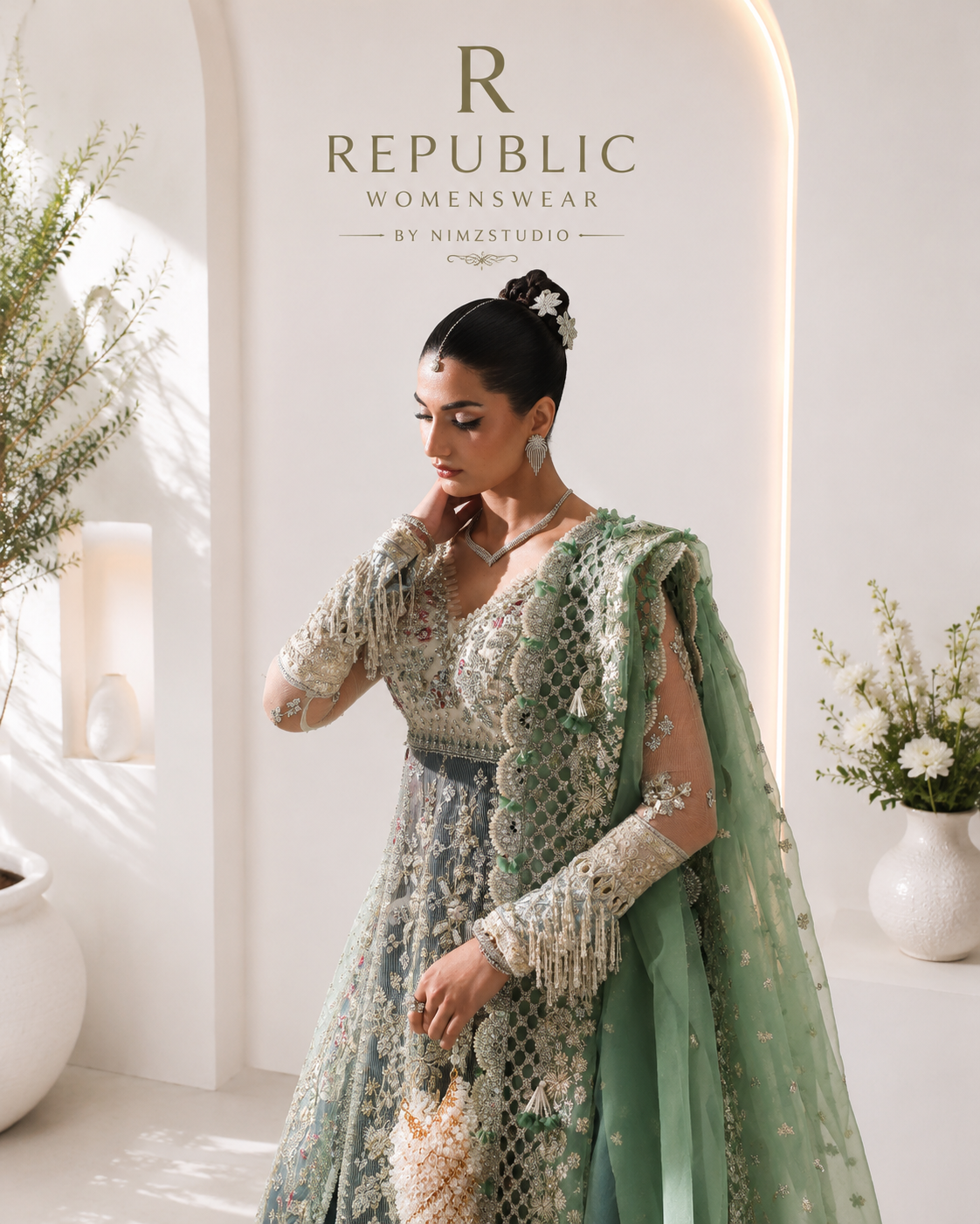 Close-up of Miraelie embroidered Pakistani luxury partywear dress featuring handcrafted embellishments, premium net fabric and organza dupatta