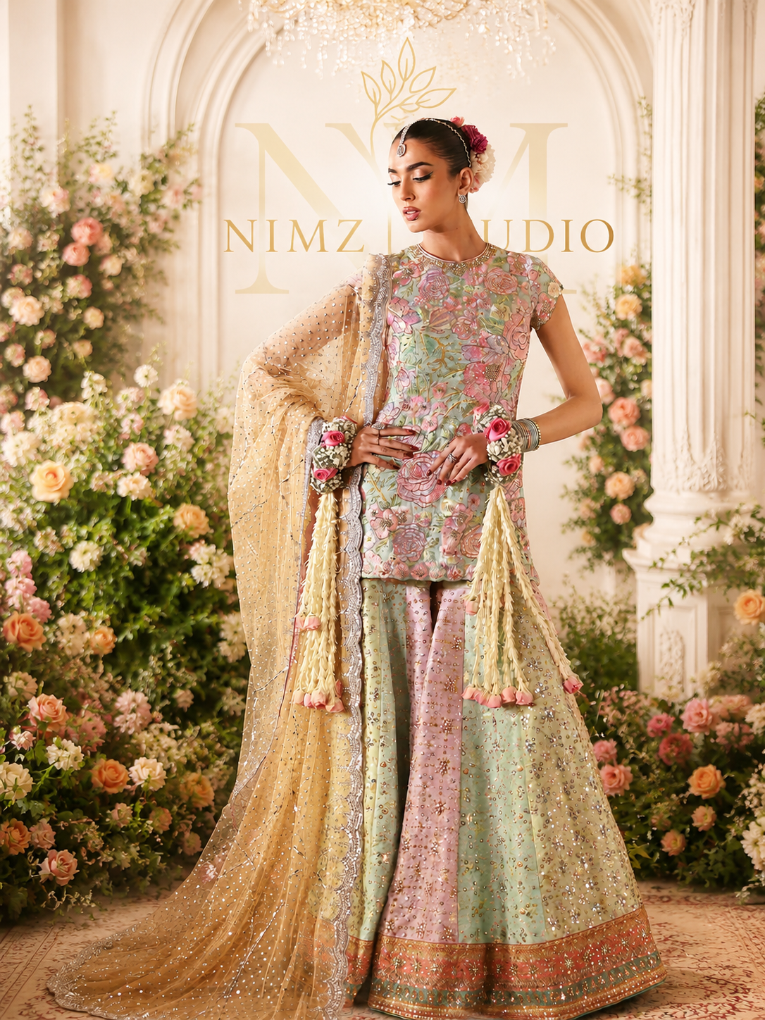 Full view of Rosebud Nomi Ansari Inspired Wedding Party Wear Sharara