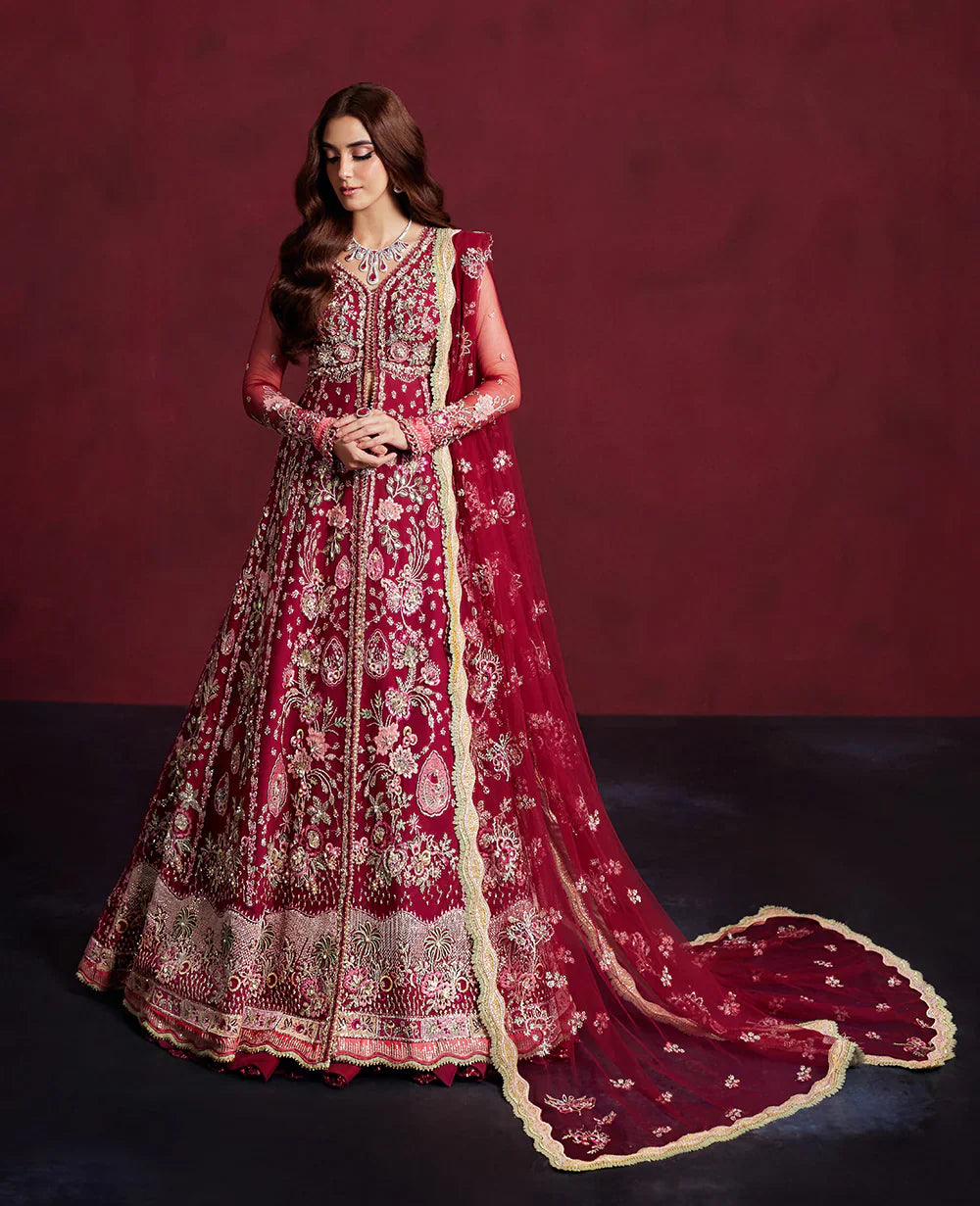 Silene coral pink Pakistani wedding wear pishwas full length view