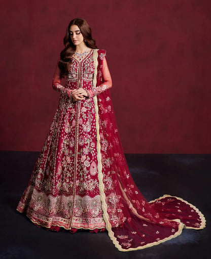 Silene coral pink Pakistani wedding wear pishwas full length view