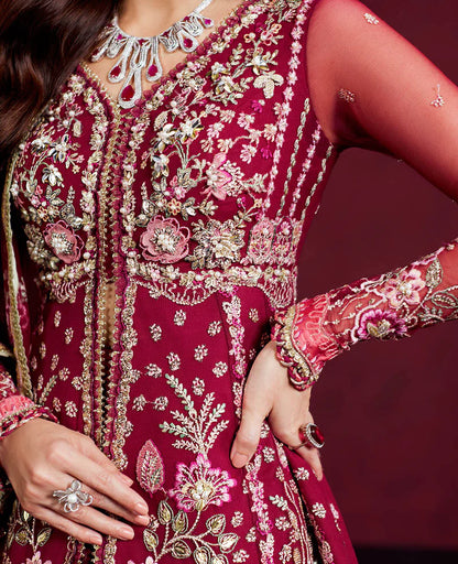 Silene coral pink pishwas intricate thread embroidery and handwork detail
