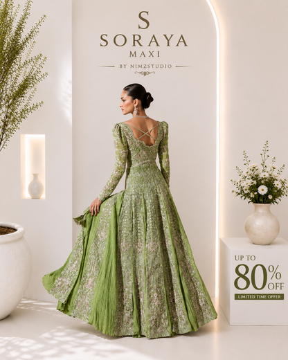 Soraya Celvere flowing Pakistani luxury maxi showcasing handcrafted embellishments, premium couture detailing, and elegant wedding partywear inspired by Pakistani designer fashion.