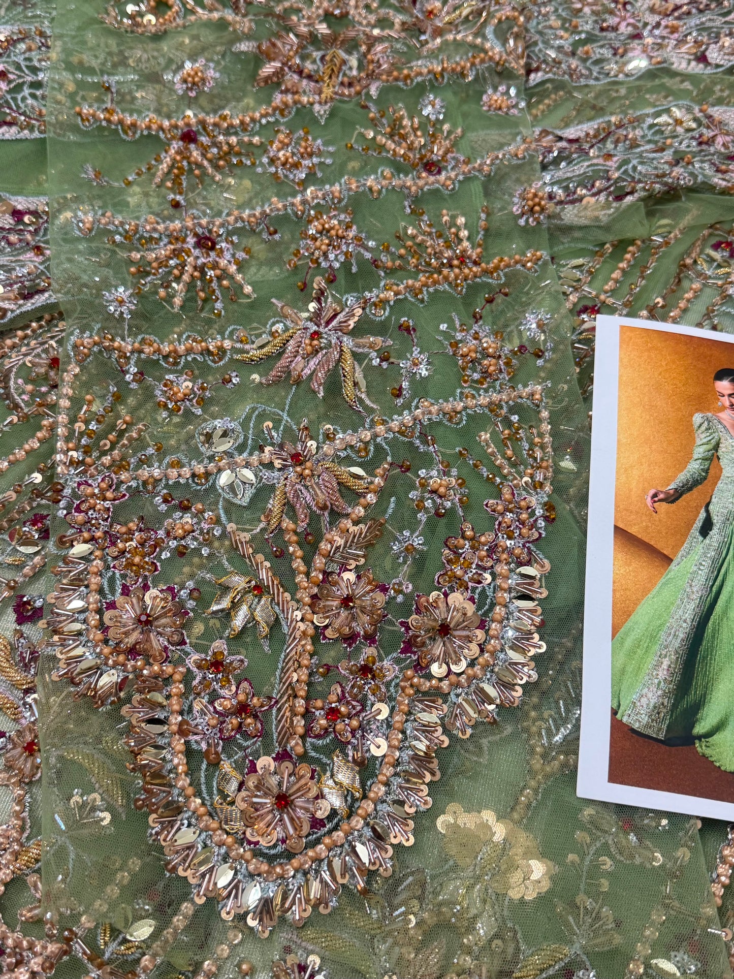 Close-up of Soraya Celvere hand embellished bodice showcasing intricate crystal stones, luxury embroidery, couture craftsmanship, and premium Pakistani designer inspired wedding partywear maxi.