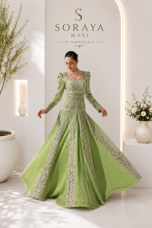 Side profile of Soraya Celvere Pakistani wedding maxi with premium hand embroidery, luxury embellishments, elegant silhouette, and couture craftsmanship for bridal and formal wear.