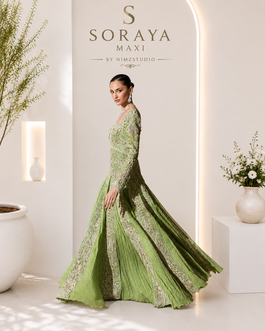 Soraya Celvere luxury Pakistani designer inspired maxi in soft sage green featuring intricate hand embellishments, couture craftsmanship, and premium wedding partywear for Mehndi, Barat, Walima, and Nikkah.