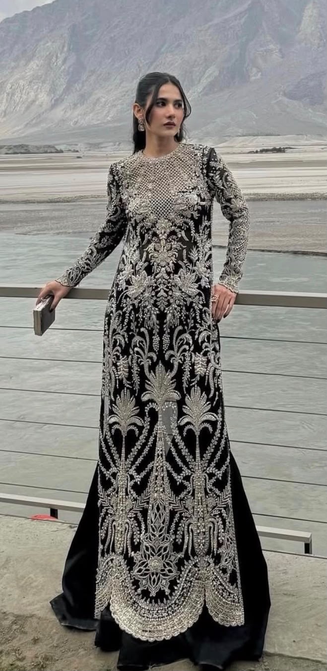 Soraya Eclat Pakistani designer dress in black net with luxury embellishments