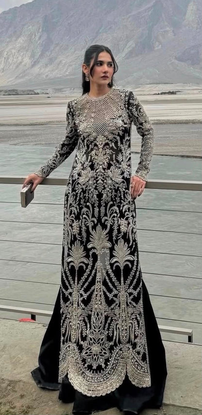 Soraya Eclat Pakistani designer dress in black net with luxury embellishments