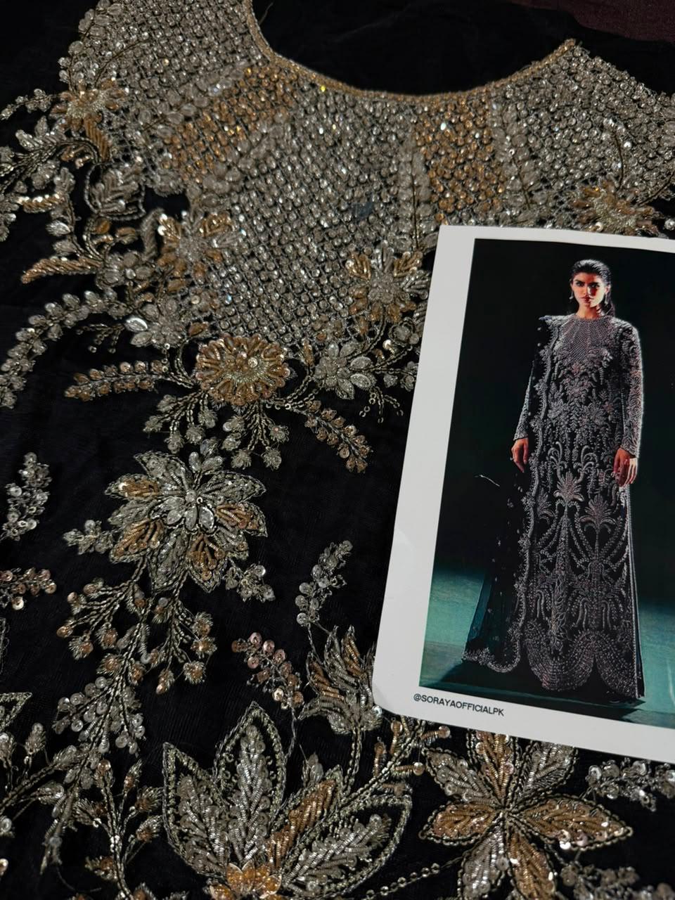 Soraya Eclat Pakistani formal wear with intricate black net embellishments